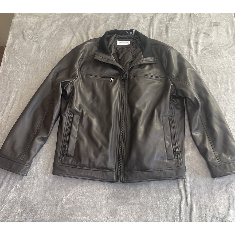 Calvin Klein Men's Faux‎ Leather Moto Jacket Heritage Brown Size XL